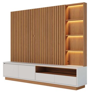 Imagem de Estante Painel Ripado Para TV 82 Pol LED 240cm Jolie C04 Freijó Off White Matte - Lyam Decor