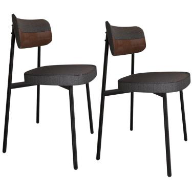 Imagem de Kit 02 Cadeiras Estofada Para Sala de Jantar Astrid Preto C01 Linho Preto Courino Whisky - Lyam Decor