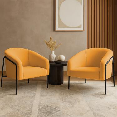 Imagem de Poltrona Sala Industrial Alta Preto Kit 2 Stella Bouclê Mostarda D03 - D'Rossi