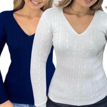 Imagem de Kit 2 Blusas Industrie Femininas Suéter Malha Marinho e Tricô Manga Longa Tamanho:Único;Cor:-Feminino