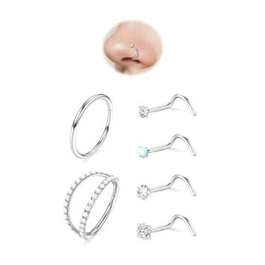Imagem de 6 peças de argolas de nariz de 18 G com argola dupla CZ e 20 g para mulheres e homens, hipoalergênico, aço 316L, dobradiça/saca-rolhas narina, hélice de septo/piercing de cartilagem