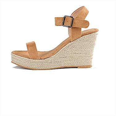 Imagem de Bigfanshu Sandálias femininas plataforma, peep toe, salto alto anabela, fivelas no tornozelo, sandalia, Marrom, 6.5