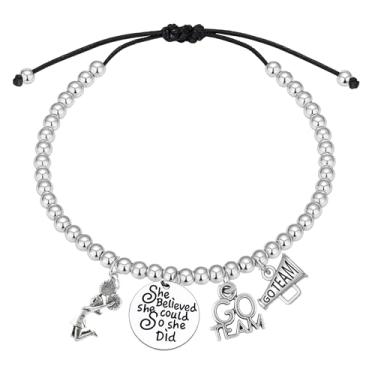 Imagem de Sportybella Pulseira ajustável com contas de aço inoxidável prata com pingentes de líder de torcida – She Believed She Could So She Did, Go Team & Megafone – Presente para líderes de torcida e atletas