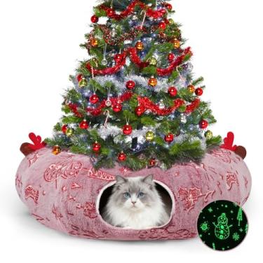Imagem de Saia para árvore de Natal em túnel para gatos, túnel para gatos com bola de brinquedo para pendurar, almofada lavável, cama com túneis de donut para gatos internos, com boneco de neve, estrela e