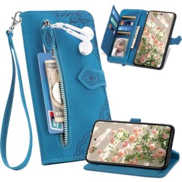 Imagem de Ephoou Capa carteira para Google Pixel 10 Pro com 7 porta-cartões e bolso com zíper, capa flip de couro PU à prova de choque com alça de pulso, suporte e fecho magnético para Google Pixel 10/9