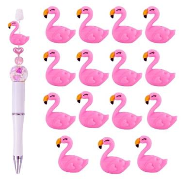 Imagem de Frinnovan, Pacote com 15 contas focais de silicone flamingos para canetas, lindos pingentes em formato de animal 3D para caneta Beadale, chaveiros, artesanato, rosa