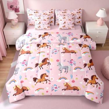 Imagem de Erosebridal Jogo de cama de cavalo rústico em uma bolsa, solteiro, desenho kawaii de animais de fazenda, flores botânicas, folhas botânicas, arco-íris, lençol com edredom