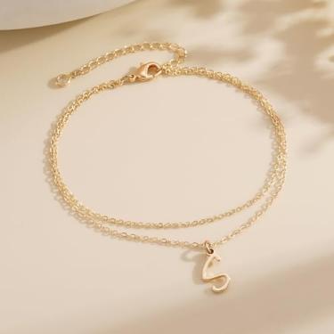 Imagem de Tornozeleiras banhadas a ouro 14K para mulheres - tornozeleira de aço inoxidável A-Z com pingente de símbolo inicial de A-Z, hipoalergênica, impermeável, aniversário, Natal, mãe, avó, 7, Latão, Sem