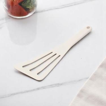 Imagem de Generic Espátula de cozinha cobertura total borda inclinada pá ranhurada segura para lava-louças silicone aço inoxidável bege 31,2 x 8,8 cm