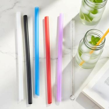 Imagem de 6 canudos reutilizáveis com escovas de limpeza, canudos extra largos para chá de bolhas e vitaminas, conjunto de várias cores para viagens (escuro)