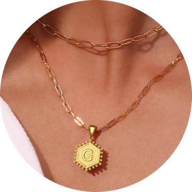 Imagem de Colar feminino com inicial em camadas, aço inoxidável banhado a ouro 18K, pingente de clipe de papel duplo A a Z, conjunto de duas correntes destacáveis, 16.5in/ 14+2in, Aço inoxidável, Sem Pedra