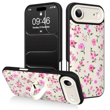Imagem de AIGOMARA Capa para iPhone Air com suporte de alça de dedo, estampa floral rosa para mulheres e meninas, capa protetora à prova de choque com suporte de mão antiarranhões, branca