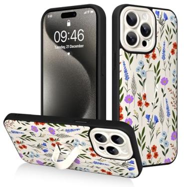 Imagem de AIGOMARA Capa para iPhone 15 Pro Max com alça de dedo, design de estampa floral fofa para mulheres e meninas, capa protetora à prova de choque antiarranhões com suporte de mão, branca