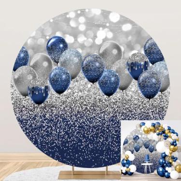 Imagem de 2 x 2 metros, azul marinho, redondo, com balões prateados, bokeh, lantejoulas, fotos, fundo para casamento, formatura, formatura, adultos, festa de aniversário, círculo, decoração de mesa de bolo