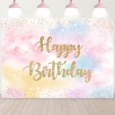 Imagem de InMemory Pano de fundo de aniversário arco-íris para meninas, princesa, aquarela, nuvens pastel, colorido, decoração de festa de aniversário, faixa borrifada com bolinhas douradas, suprimentos para