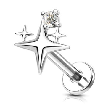 Imagem de Jewseen Piercing de estrela hélice/tragus 16G joia labret roscada internamente 6 mm brinco de cartilagem CZ transparente atrás plana piercing de nariz 316L aço cirúrgico ouro estrela cartilagem