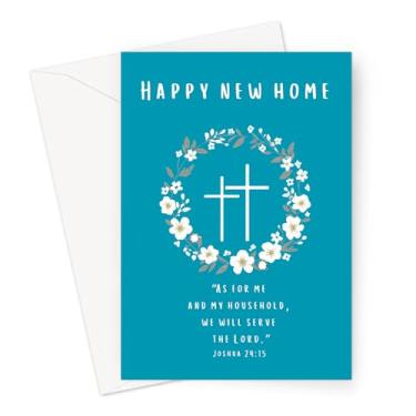 Imagem de Cartão de felicitações Christian Happy New Home | Versículo bíblico Josué 24:15 | Cartão de escritura religiosa para proprietários de casas novas para homens e mulheres de fé | Cartão inspirador de