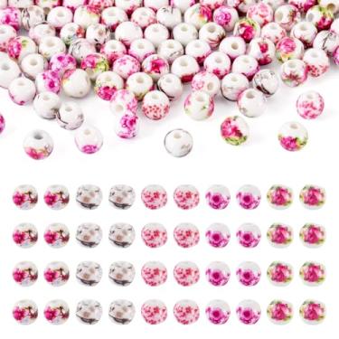 Imagem de Magibeads 100 peças de contas de cerâmica redondas feitas à mão flores impressas contas de porcelana rosa espaçador solto contas estéticas para fabricação de joias, suprimentos, pulseiras, colar