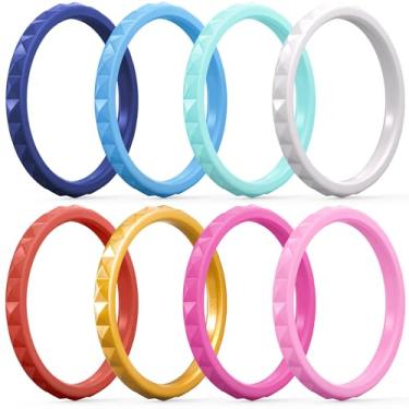 Imagem de ThunderFit Anéis de silicone finos e empilháveis para mulheres, alianças de casamento de borracha para mulheres, padrão de diamante de noivado, 2,5 mm de largura, 2 mm de espessura - pacote variado de