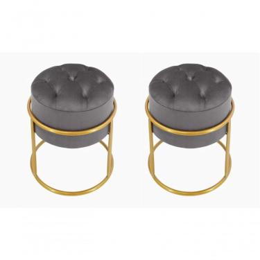 Imagem de Kit 2 Puff Banqueta Estofado Decorativo Base De Ferro Capitonê Suede Grafite Eli Móveis E Decoração