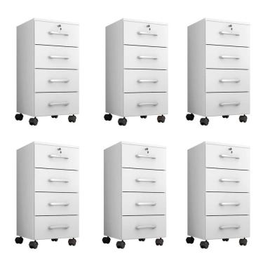 Imagem de Kit 6 Gaveteiros Escritório Chave E Rodízios 4 Gavetas Gávea Branco