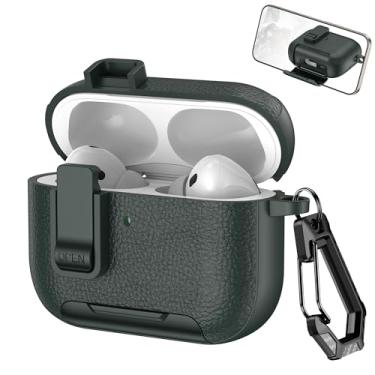 Imagem de Ephoou Capa para AirPods Pro 3 com suporte e trava de segurança, capa de textura de couro à prova de choque de policarbonato + TPU com mosquetão para AirPods Pro 3 PW-verde