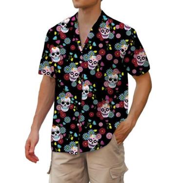 Imagem de Camisa havaiana de manga curta cromante para homens de poliéster - Cro