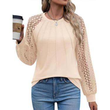 Imagem de Blusa feminina Kistore, renda, manga comprida, gola redonda, damasco, 