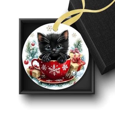 Imagem de Welshower Enfeites de Natal para gatos pretos de inverno, decorações de Natal para gatos, lindo gatinho preto, café, árvore de Natal, enfeites decorativos de cerâmica para pendurar