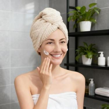 Imagem de Toalha de cabelo de microfibra para mulheres, toalha de secagem de cabelo absorvente, turbante de cabelo leve para viagens, academia e uso diário, bege