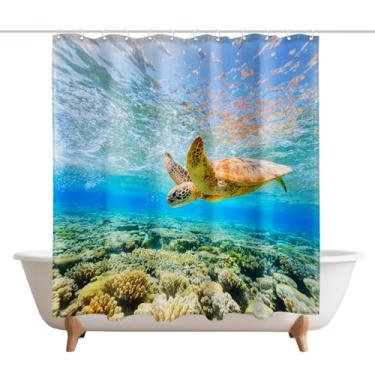 Imagem de XMWYTJ Cortinas de chuveiro tartarugas marinhas azul-petróleo grande barreira de corais oceano decoração de porta de celeiro tecido de poliéster à prova d'água conjunto de cortinas de banheiro com 12