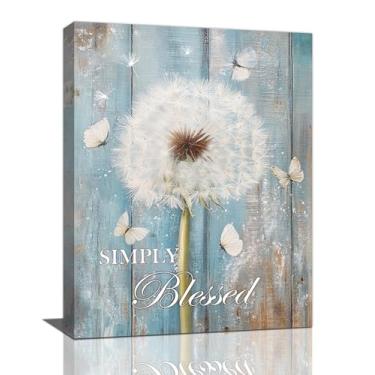 Imagem de Arte de parede de dente-de-leão de fazenda, decoração de parede com imagens de borboletas de dente-de-leão rústico, impressões em tela azul-petróleo, pintura abençoada, arte emoldurada para banheiro