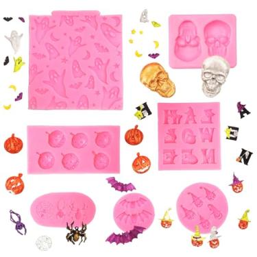 Imagem de Pacote com 7 moldes de silicone de Halloween, moldes de chocolate para fondant de caveira de abóbora, batesqueleto, mão, fantasma, morcego, gato, moldes de doces para decoração de bolos, topo de