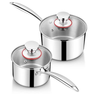 Imagem de Homikit Conjunto de 2 panelas com tampa, 1 litro e 2 litros de aço inoxidável, panelas de cozinha pequenas resistentes para cozinhar, aquecer leite, ferver ovos, podem ser lavadas na lava-louças e