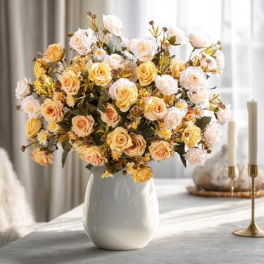 Imagem de 4 pacotes de flores de rosas artificiais para ambientes externos, ramo de rosas com margaridas, flores falsas, resistente a UV para casa, interior, exterior, jardim, varanda, janela, caixa, varanda