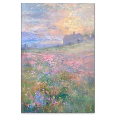 Imagem de rumlud Pôster floral natureza pastel paisagem francesa vintage arte de parede campo de flores colorido pintura a óleo para galeria sala de estar decoração de parede 40,6 x 61 cm sem moldura
