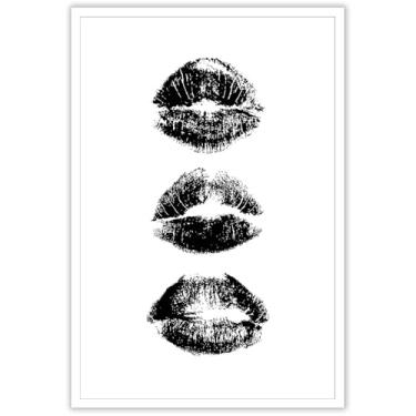 Imagem de Tela de arte de parede retrô chique Kiss Lips - Pintura minimalista em preto e branco para quarto de banho feminino, decoração de parede de banheiro feminino 30 x 40 cm sem moldura