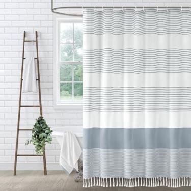 Imagem de XOGUIBO Cortina de chuveiro azul extra longa algodão litoral oceano listrado cortinas de chuveiro para banheiro com borla 183 cm L x 213 cm C