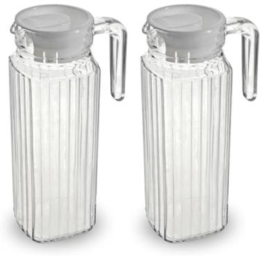 Imagem de Conjunto De 2 Jarras De Vidro Com Tampa De 1 Litro Resistente Suco Agua Bebidas Casual Sofisticada Cozinha Cabe Na Porta Da Geladeira
