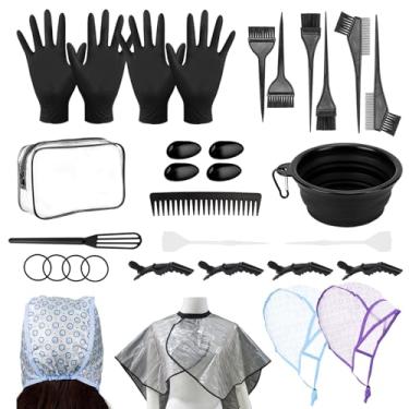 Imagem de DINTSTYLE Kit de coloração de cabelo com 32 peças, ferramentas de tintura de cabelo para salão de bricolage. Conjunto de escova e tigela de tintura de cabelo, com pincel/capa de orelha/luvas/pente