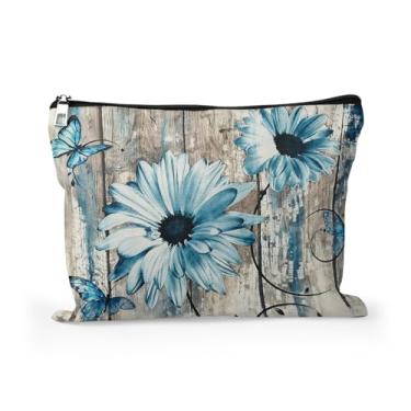 Imagem de Cafl Bolsa de maquiagem feminina bolsa de maquiagem de grande capacidade - 25 x 20 cm, Aquarela de borboletas gerbera azuis