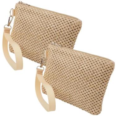 Imagem de CREATCABIN Bolsa de mão feminina de palha, 2 peças, bolsa de mão de palha, bolsa clutch com zíper, boêmia, bolsa de verão e praia, Bege-amarelo, 19.8×15.5 cm