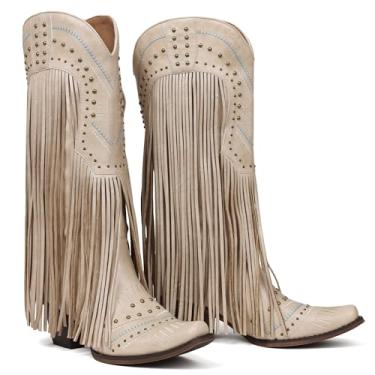 Imagem de Celbreez Botas de caubói femininas com franjas, botas de caubói na altura do joelho, panturrilha, bordadas, rebite, bico fino, salto grosso, botas ocidentais, roupas de concerto Shose, Bege, 35