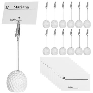 Imagem de 12 clipes de notas de resina de bola de golfe com clipes jacaré, porta-cartões fotográficos, suportes de mesa de casamento, monitores de notas de escritório