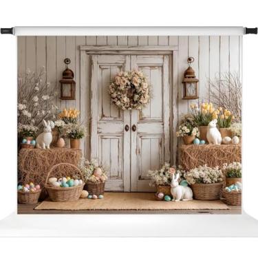 Imagem de Kate Pano de fundo de foto de porta de madeira para fotografia de páscoa, ovos coloridos, palheiro, suprimentos para festas festivas, adereços, 3 x 2,4 m