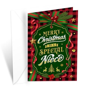 Imagem de Prime Greetings Cartão de Natal de sobrinha, feito nos EUA, cartolina grossa com envelope premium embalado em um envelope de apresentação reutilizável, ecológico, 12,7 cm x 19,7 cm