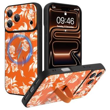 Imagem de Jefonha Capa magnética para iPhone 17 Pro com suporte de alça de dedo, compatível com Magsafe, linda linda capa de impressão de flores brancas com proteção total para câmera à prova de choque, laranja