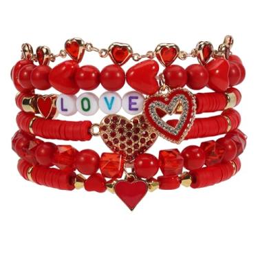 Imagem de Lonext Pulseira elástica com contas para mulheres, estilo boho Y2k, tema do Dia dos Namorados, 18 cm, material de argila, formato redondo, fecho de anel de mola, One Size, Vidro Cristal Argila Vidro