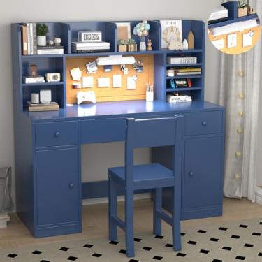 Imagem de RUPOLX 48x20Inch Wooden Blue Kids Study Desk and Chair Set with Light, 3 Drawers and 4 Storage Cabinets, Children Desk with 4 Open Hutch and Shelves, Girls Study Desk for Kids Bedroom-002