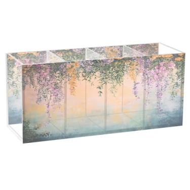 Imagem de SEHANY Porta-canetas de parede vintage de jardim para mesa, 4 compartimentos, porta-lápis de acrílico, organizador de pincéis de maquiagem, organizador de papelaria para escritório, casa